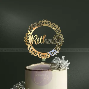 Custom Birthday Cake Topper India with Name "Rithali" in Gold Filigree Frame by Hampera