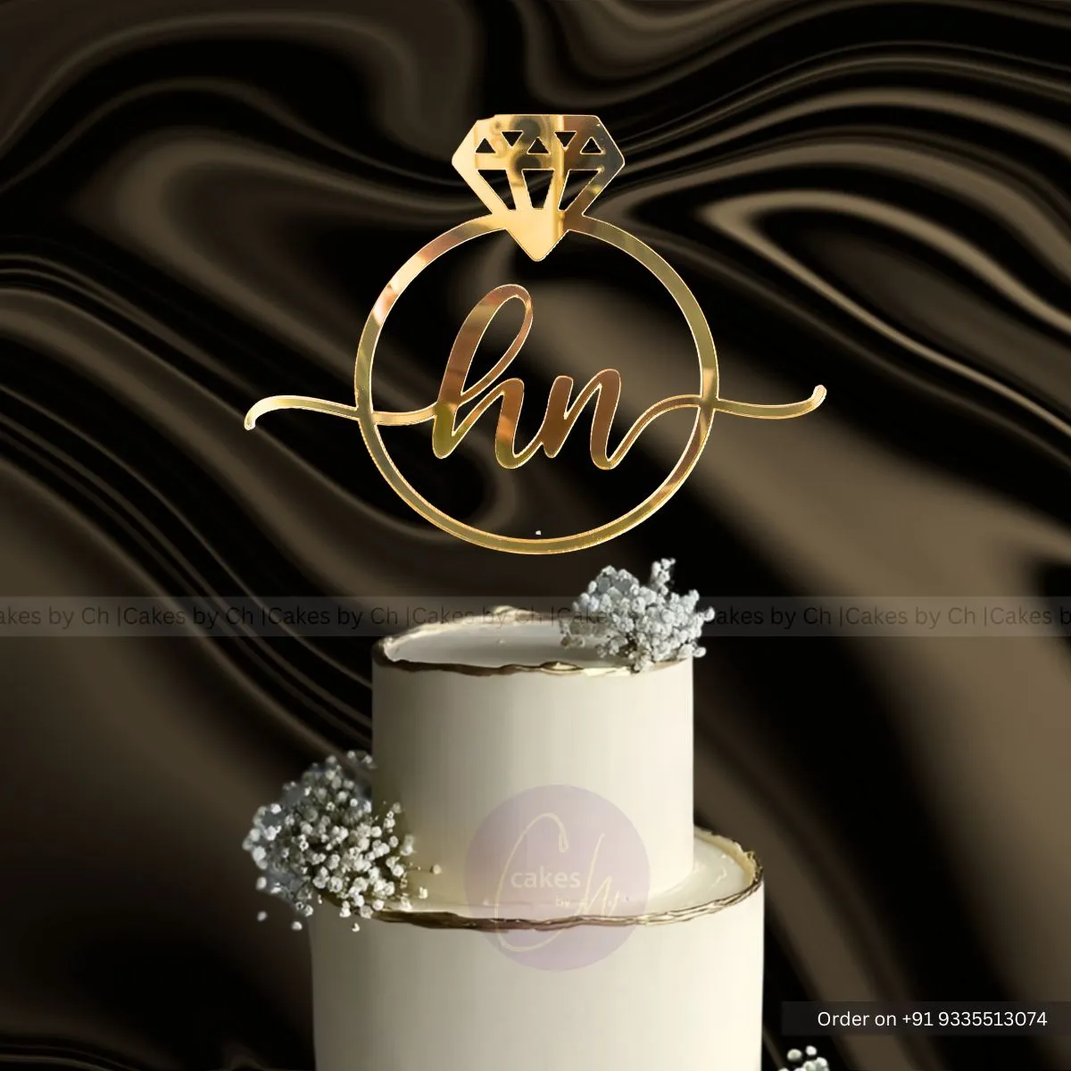 ring cake topper gold acrylic with initials inside circle engagement cake topper